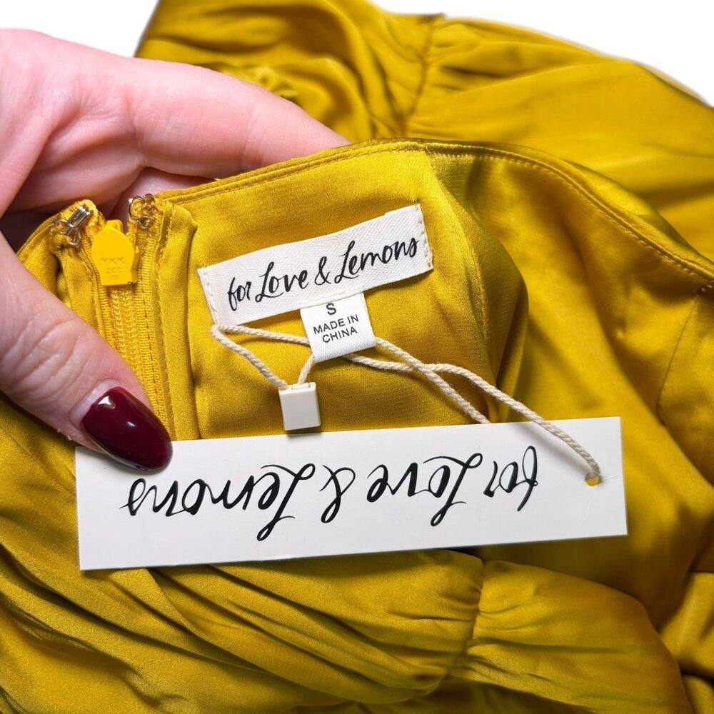 For Love & Lemons Alia Yellow Satin Ruched Ruffle Mini Skirt Small NWT - Picture 6 of 6